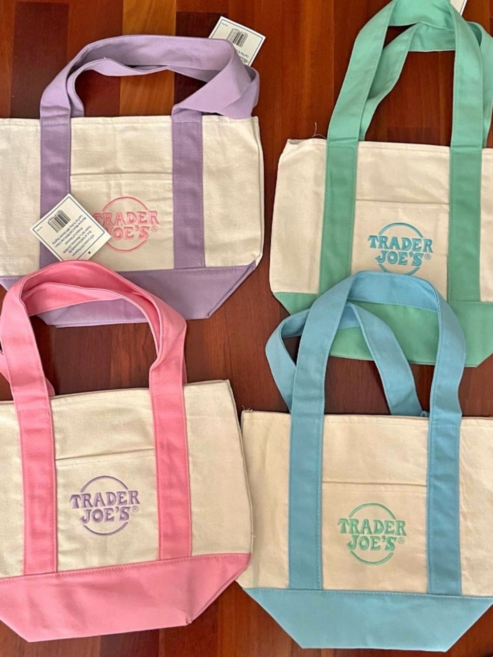 Trader Joe's Mini Pastel Canvas Tote bags.